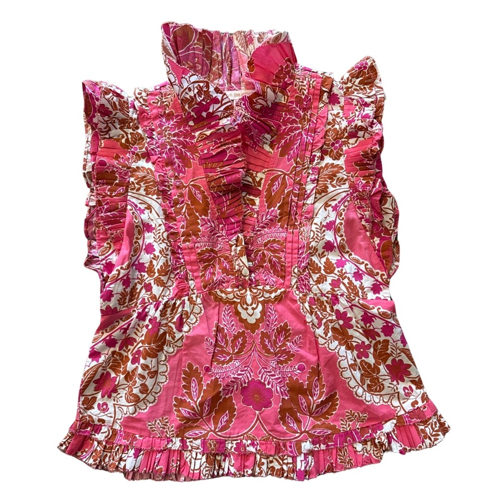 Anthropologie Love The Label Berna Floral Ruffled Top in Clementine Pink Print - Picture 8 of 8